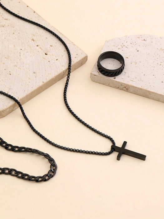 Conjunto de 3 piezas de acero inoxidable con cadena retro, anillo cruzado, collar y pulsera - Quierox - Tienda Online