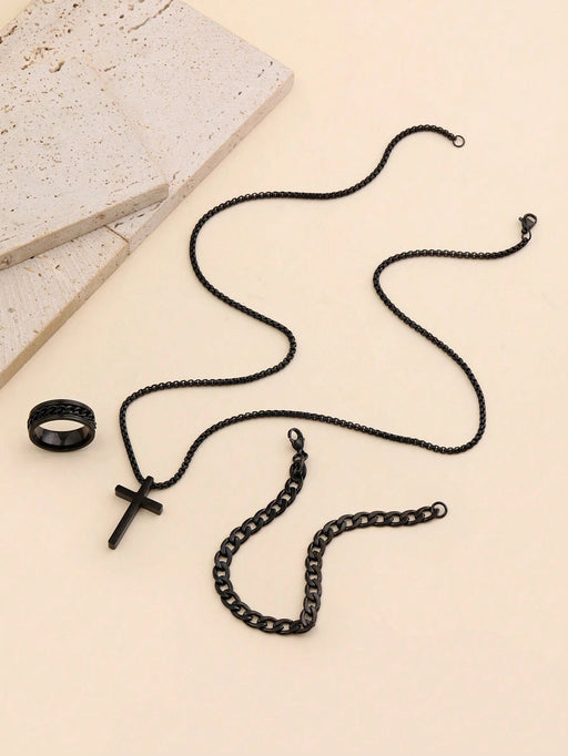 Conjunto de 3 piezas de acero inoxidable con cadena retro, anillo cruzado, collar y pulsera - Quierox - Tienda Online