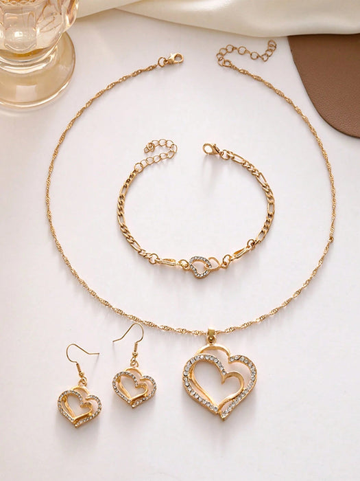 Conjunto de 4 piezas: collar, pendientes, pulsera y joyas con delicados corazones dobles - Quierox - Tienda Online