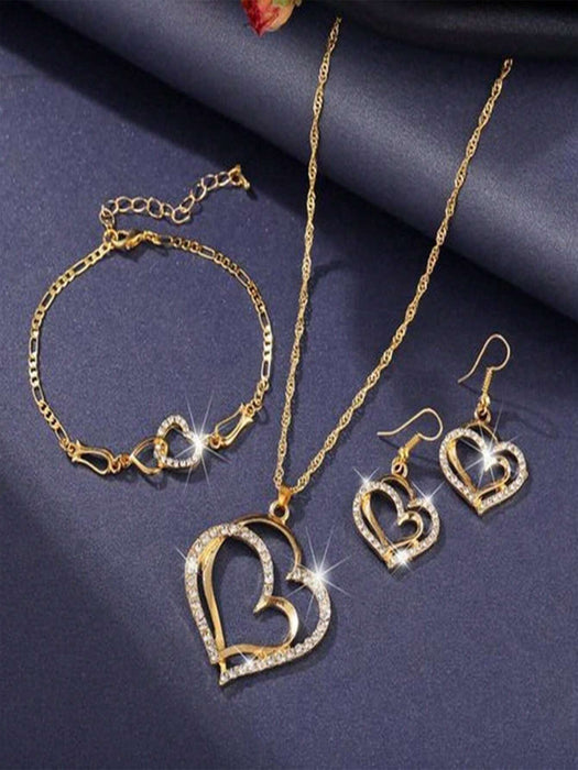 Conjunto de 4 piezas: collar, pendientes, pulsera y joyas con delicados corazones dobles - Quierox - Tienda Online