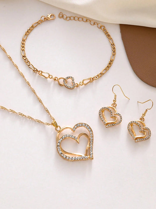 Conjunto de 4 piezas: collar, pendientes, pulsera y joyas con delicados corazones dobles - Quierox - Tienda Online