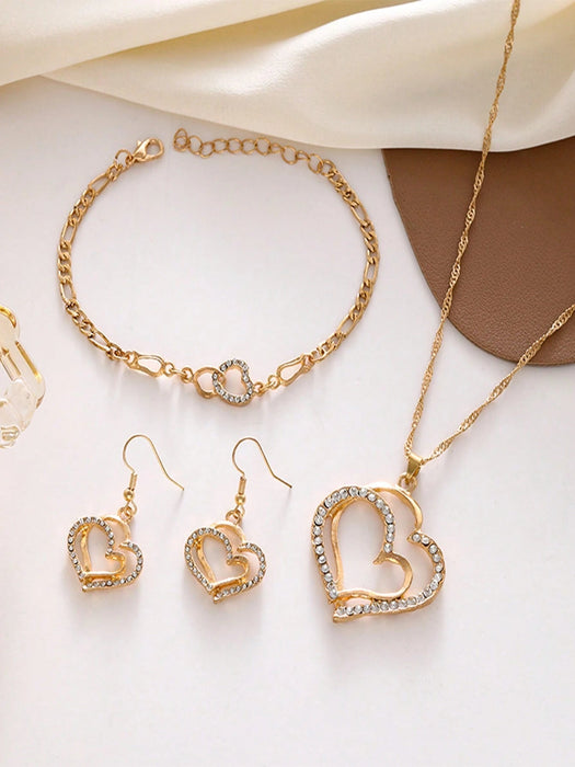 Conjunto de 4 piezas: collar, pendientes, pulsera y joyas con delicados corazones dobles - Quierox - Tienda Online