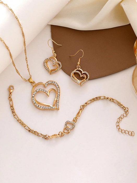 Conjunto de 4 piezas: collar, pendientes, pulsera y joyas con delicados corazones dobles - Quierox - Tienda Online