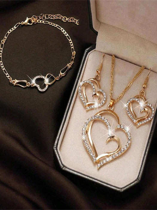 Conjunto de 4 piezas: collar, pendientes, pulsera y joyas con delicados corazones dobles - Quierox - Tienda Online