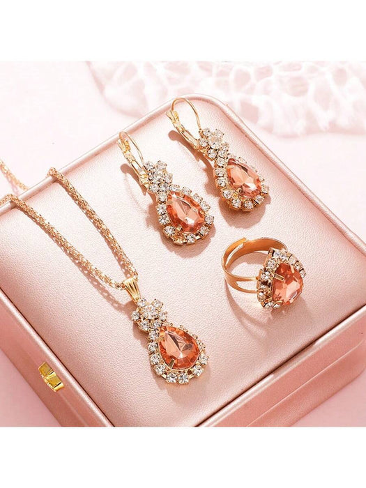 Conjunto de 4 piezas de lujo para mujer con collar con gota de agua rosa, aretes, anillo - Quierox - Tienda Online