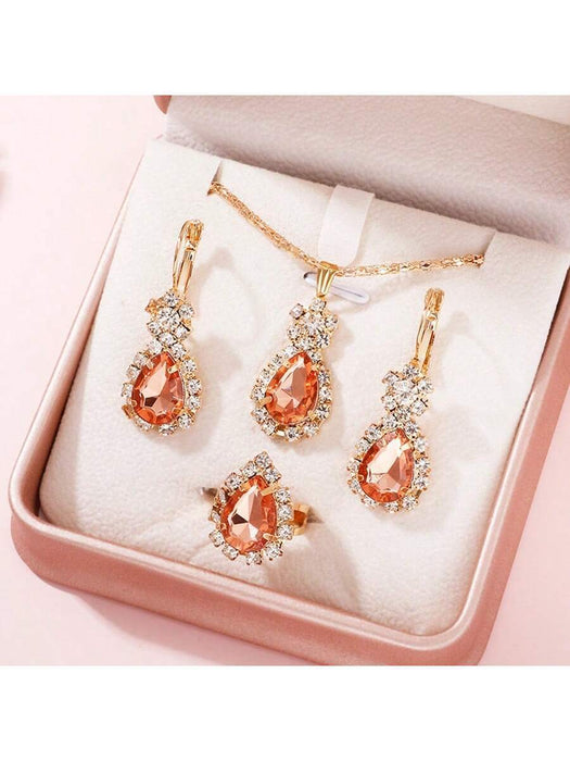 Conjunto de 4 piezas de lujo para mujer con collar con gota de agua rosa, aretes, anillo - Quierox - Tienda Online
