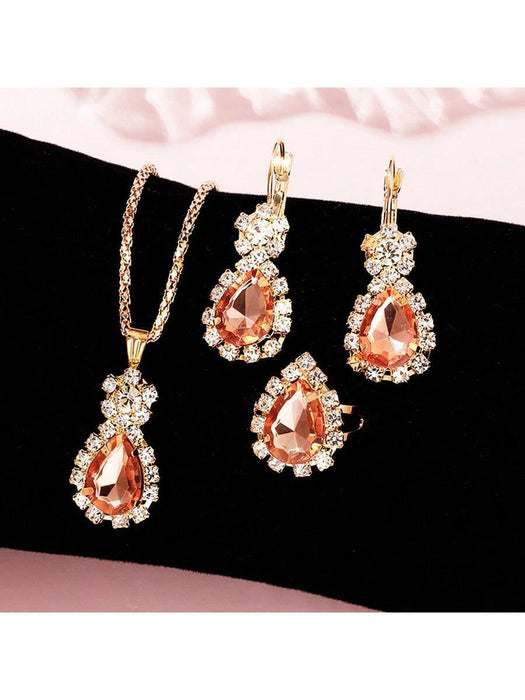 Conjunto de 4 piezas de lujo para mujer con collar con gota de agua rosa, aretes, anillo - Quierox - Tienda Online