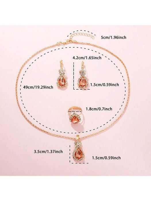 Conjunto de 4 piezas de lujo para mujer con collar con gota de agua rosa, aretes, anillo - Quierox - Tienda Online