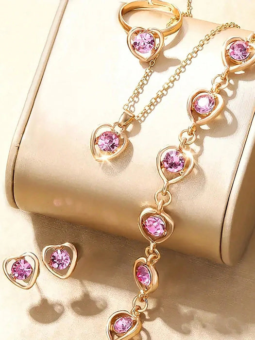 Conjunto de 4 piezas de moda: aretes de dije con corazón hueco, pulsera, collar y anillo - Quierox - Tienda Online