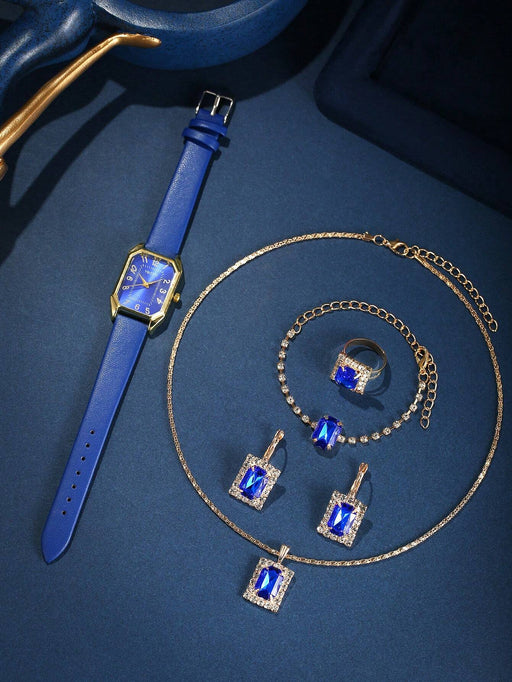 Conjunto de 4 piezas de reloj de cuarzo rectangular largo con diamantes de imitación - Quierox - Tienda Online