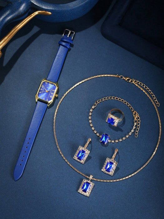 Conjunto de 4 piezas de reloj de cuarzo rectangular largo con diamantes de imitación - Quierox - Tienda Online