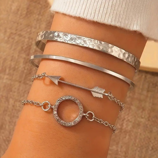 Conjunto De 4 Pulseras Plateadas Abiertas, Personalizadas Con Incrustaciones De Estrás En Aleación De Zinc - Quierox - Tienda Online