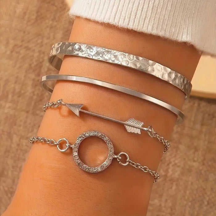 Conjunto De 4 Pulseras Plateadas Abiertas, Personalizadas Con Incrustaciones De Estrás En Aleación De Zinc - Quierox - Tienda Online