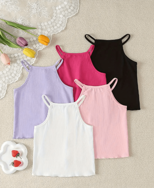 Conjunto De 5 camisetas De Tirantes Acanalados Para Niñas Con Detalles - Quierox - Tienda Online
