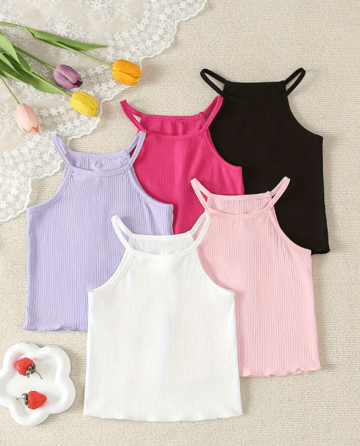 Conjunto De 5 camisetas De Tirantes Acanalados Para Niñas Con Detalles - Quierox - Tienda Online