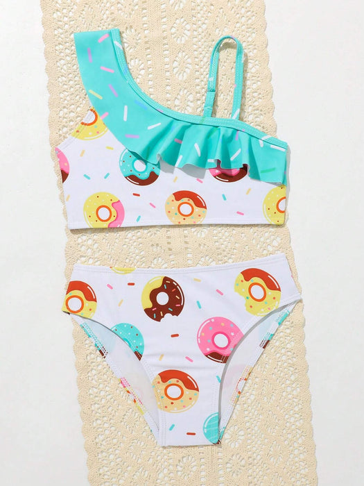 Conjunto de bikini con estampado de donut y ribete con volantes para niña joven - Quierox - Tienda Online