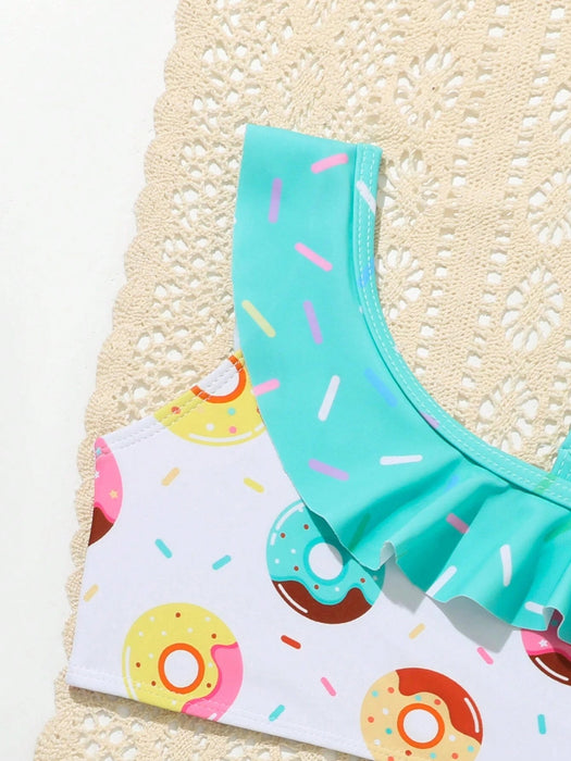 Conjunto de bikini con estampado de donut y ribete con volantes para niña joven - Quierox - Tienda Online
