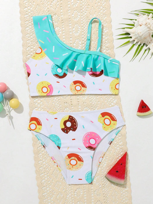 Conjunto de bikini con estampado de donut y ribete con volantes para niña joven - Quierox - Tienda Online