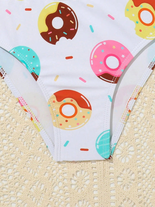 Conjunto de bikini con estampado de donut y ribete con volantes para niña joven - Quierox - Tienda Online