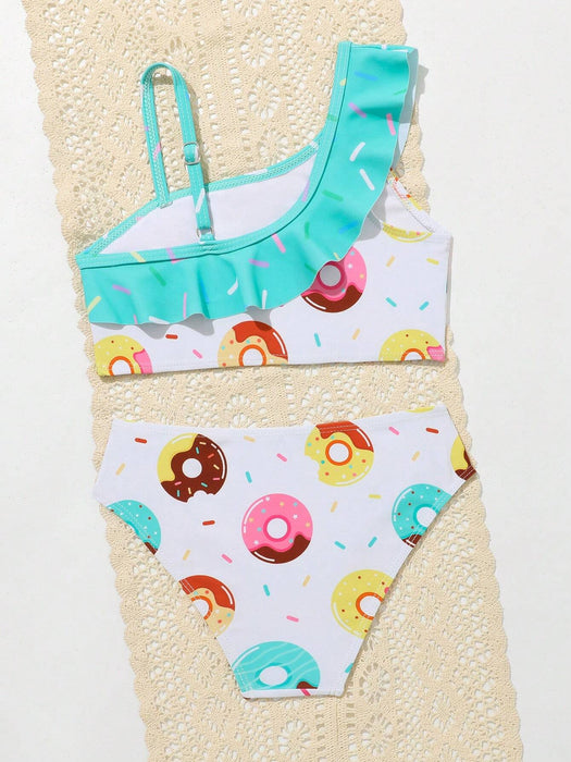 Conjunto de bikini con estampado de donut y ribete con volantes para niña joven - Quierox - Tienda Online