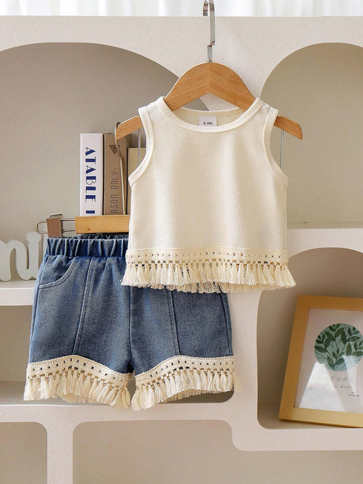 Conjunto de blusa con flecos de unicolor para niña y shorts de mezclilla con flecos - Quierox - Tienda Online