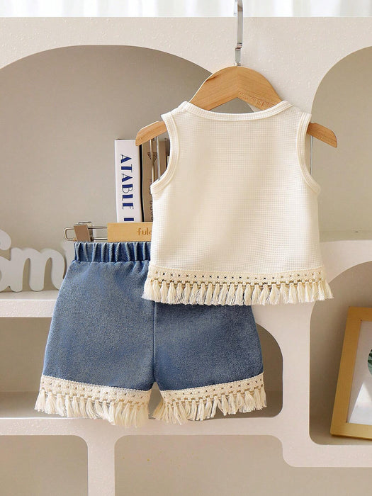 Conjunto de blusa con flecos de unicolor para niña y shorts de mezclilla con flecos - Quierox - Tienda Online