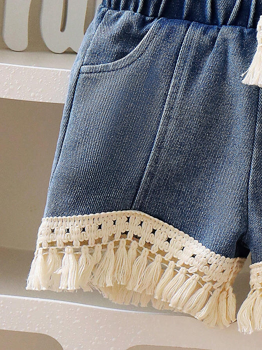 Conjunto de blusa con flecos de unicolor para niña y shorts de mezclilla con flecos - Quierox - Tienda Online
