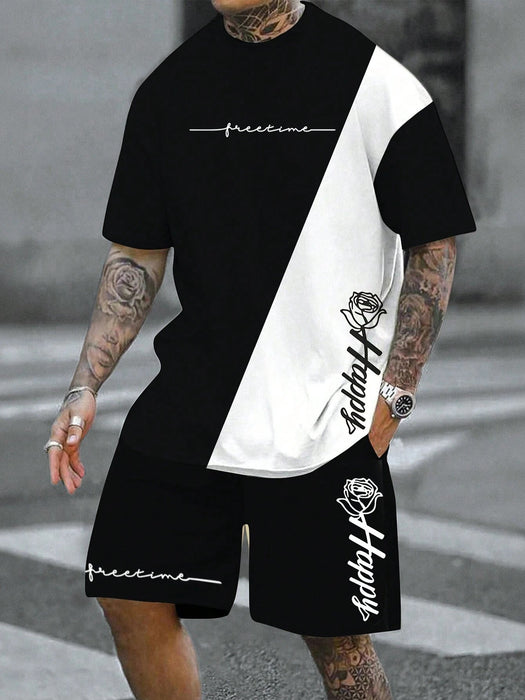 Conjunto de camiseta casual para hombres, estampado de letras y flores - Quierox - Tienda Online