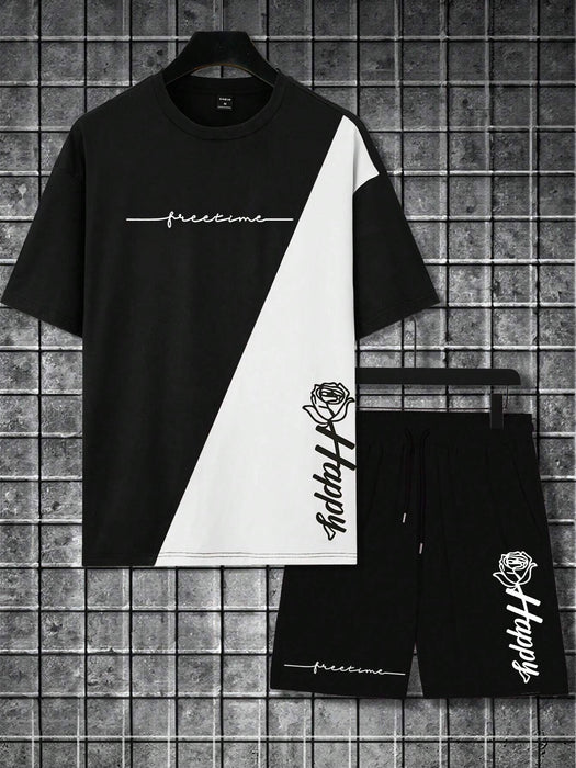 Conjunto de camiseta casual para hombres, estampado de letras y flores - Quierox - Tienda Online
