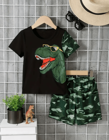 Conjunto de camiseta con estampado de dinosaurio y shorts de camuflaje para niño - Quierox - Tienda Online