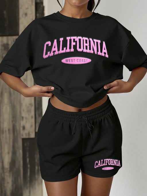 Conjunto de camiseta holgada con gráfico de letras y pantalones cortos de unicolor - Quierox - Tienda Online