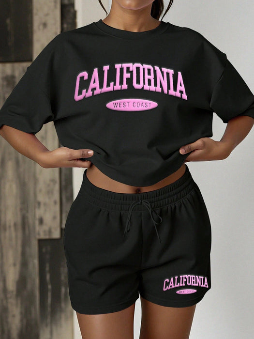 Conjunto de camiseta holgada con gráfico de letras y pantalones cortos de unicolor - Quierox - Tienda Online