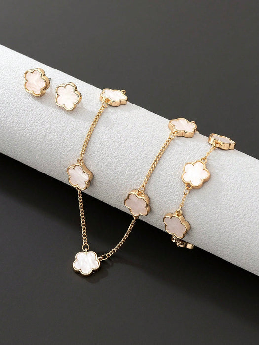 Conjunto De Collar, Pulsera Y Aretes De Flor De Aleación Trébol De La Suerte - Quierox - Tienda Online