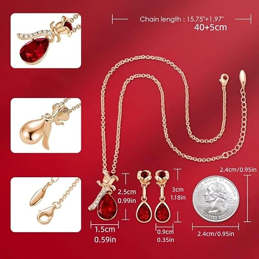 Conjunto de collar y pendientes colgantes de lágrima con flor de cristal rojo - Quierox - Tienda Online