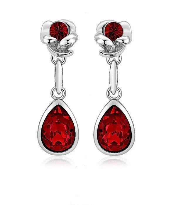 Conjunto de collar y pendientes colgantes de lágrima con flor de cristal rojo - Quierox - Tienda Online