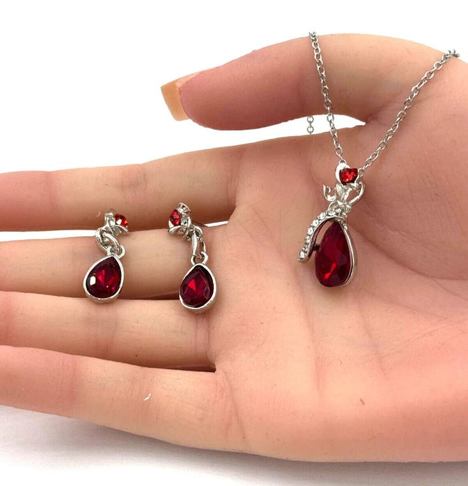 Conjunto de collar y pendientes colgantes de lágrima con flor de cristal rojo - Quierox - Tienda Online