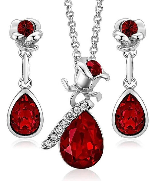 Conjunto de collar y pendientes colgantes de lágrima con flor de cristal rojo - Quierox - Tienda Online