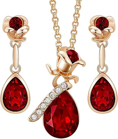 Conjunto de collar y pendientes colgantes de lágrima con flor de cristal rojo - Quierox - Tienda Online