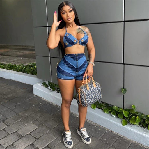 Conjunto de dos piezas con retales y borlas azules para mujer - Quierox - Tienda Online