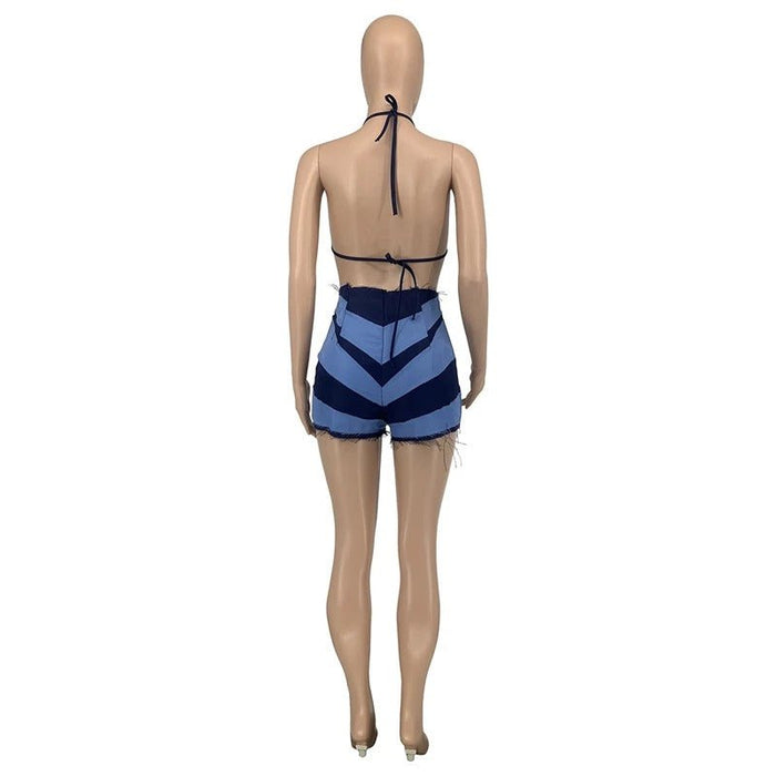 Conjunto de dos piezas con retales y borlas azules para mujer - Quierox - Tienda Online