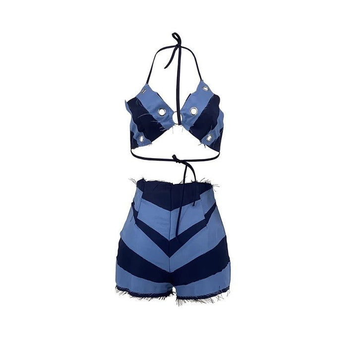 Conjunto de dos piezas con retales y borlas azules para mujer - Quierox - Tienda Online