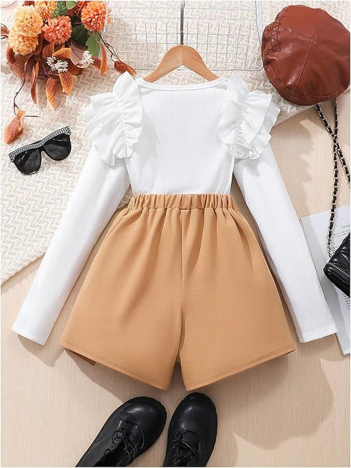 Conjunto de dos piezas para niña con top de punto de manga larga con volantes y falda pantalón con cuentas - Quierox - Tienda Online
