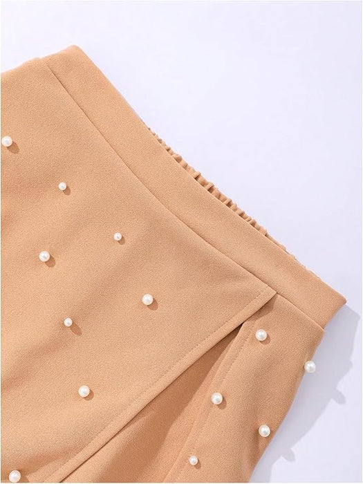 Conjunto de dos piezas para niña con top de punto de manga larga con volantes y falda pantalón con cuentas - Quierox - Tienda Online