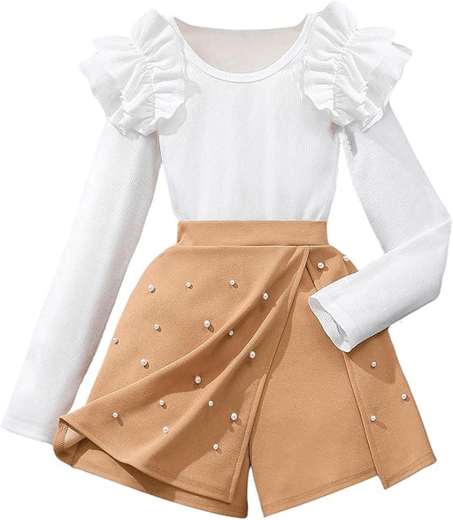 Conjunto de dos piezas para niña con top de punto de manga larga con volantes y falda pantalón con cuentas - Quierox - Tienda Online
