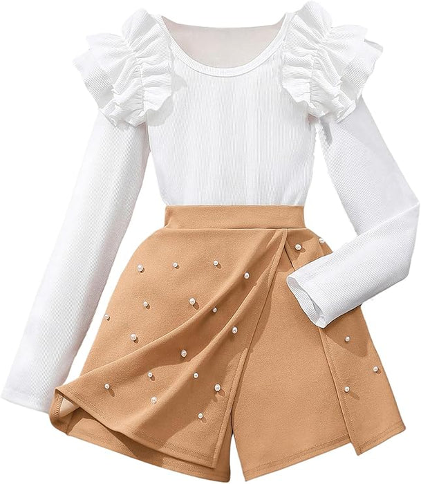 Conjunto de dos piezas para niña con top de punto de manga larga con volantes y falda pantalón con cuentas - Quierox - Tienda Online