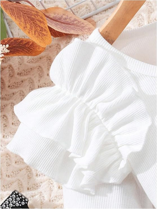 Conjunto de dos piezas para niña con top de punto de manga larga con volantes y falda pantalón con cuentas - Quierox - Tienda Online