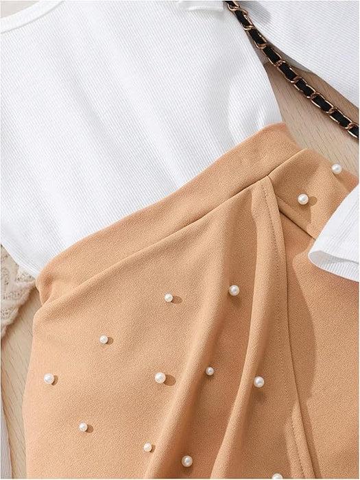 Conjunto de dos piezas para niña con top de punto de manga larga con volantes y falda pantalón con cuentas - Quierox - Tienda Online