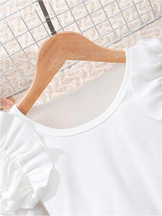 Conjunto de dos piezas para niña con top de punto de manga larga con volantes y falda pantalón con cuentas - Quierox - Tienda Online