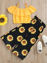 Conjunto de dos piezas para niña: top corto con hombros descubiertos y pantalones con estampado floral - Quierox - Tienda Online