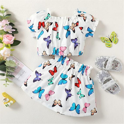 Conjunto de dos piezas para niñas de blusa con hombros descubiertos y falda con estampado - Quierox - Tienda Online